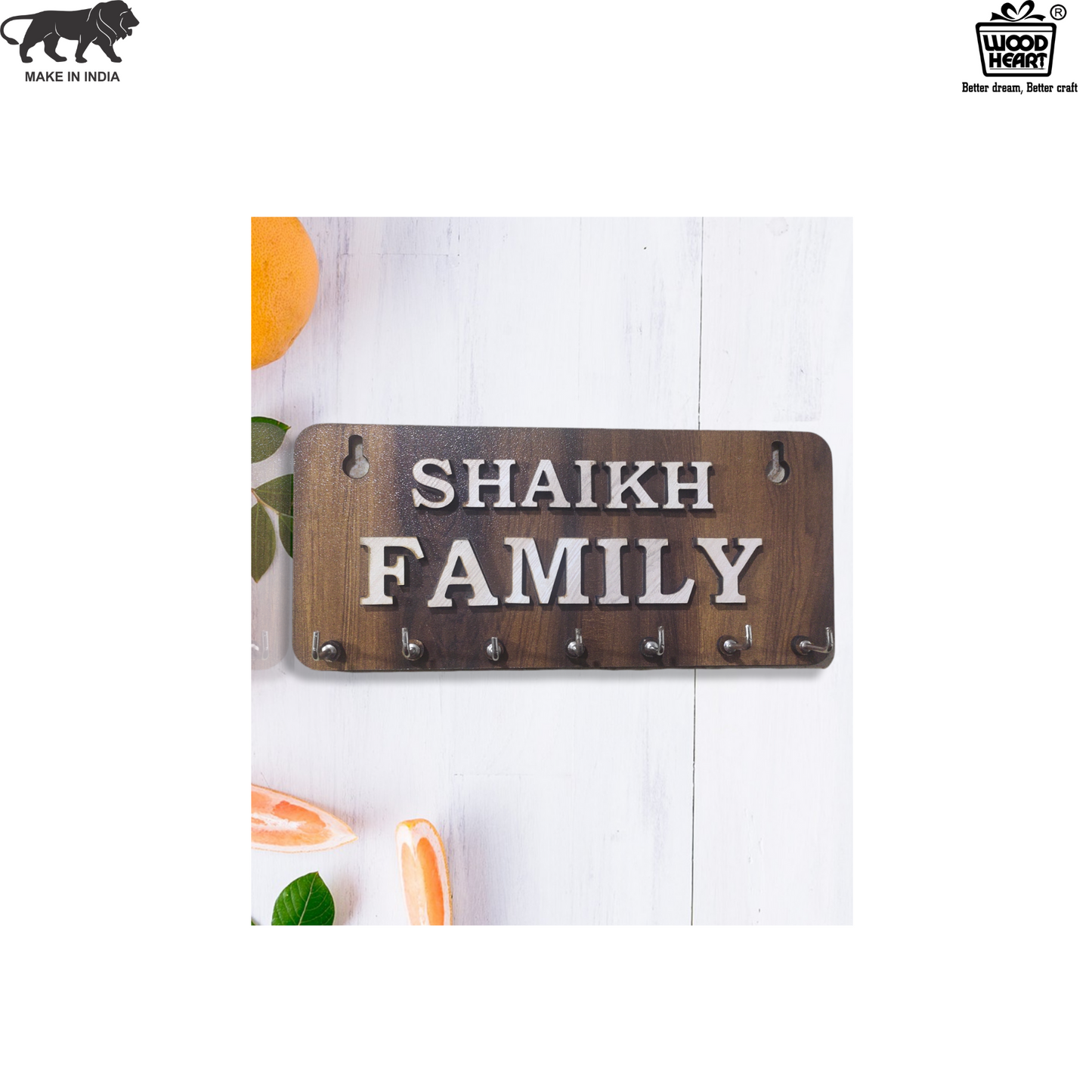 WoodHeart “SHAIKH FAMILY” Personalized Wooden Key Holder – 8 Hook Organizer
