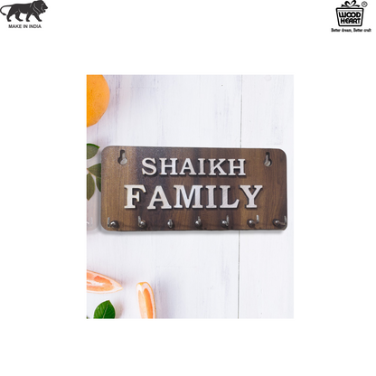 WoodHeart “SHAIKH FAMILY” Personalized Wooden Key Holder – 8 Hook Organizer