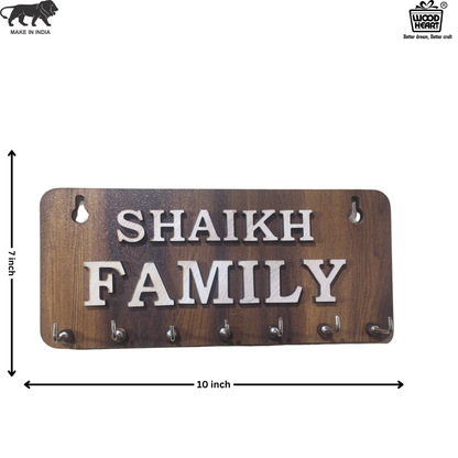 WoodHeart “SHAIKH FAMILY” Personalized Wooden Key Holder – 8 Hook Organizer