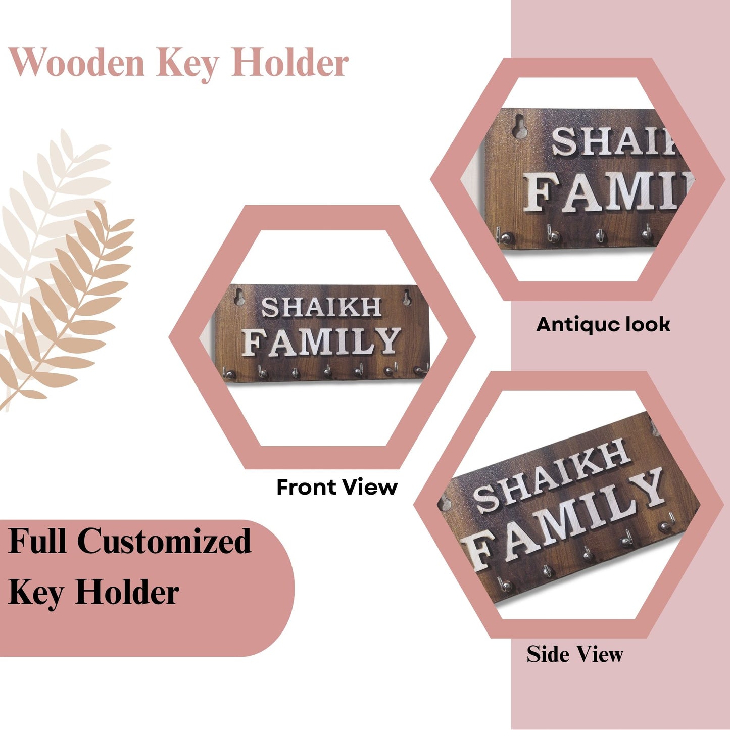 WoodHeart “SHAIKH FAMILY” Personalized Wooden Key Holder – 8 Hook Organizer