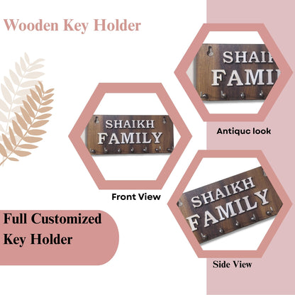WoodHeart “SHAIKH FAMILY” Personalized Wooden Key Holder – 8 Hook Organizer