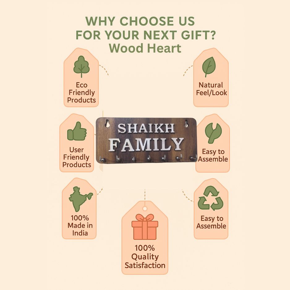 WoodHeart “SHAIKH FAMILY” Personalized Wooden Key Holder – 8 Hook Organizer