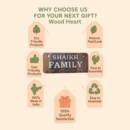 WoodHeart “SHAIKH FAMILY” Personalized Wooden Key Holder – 8 Hook Organizer