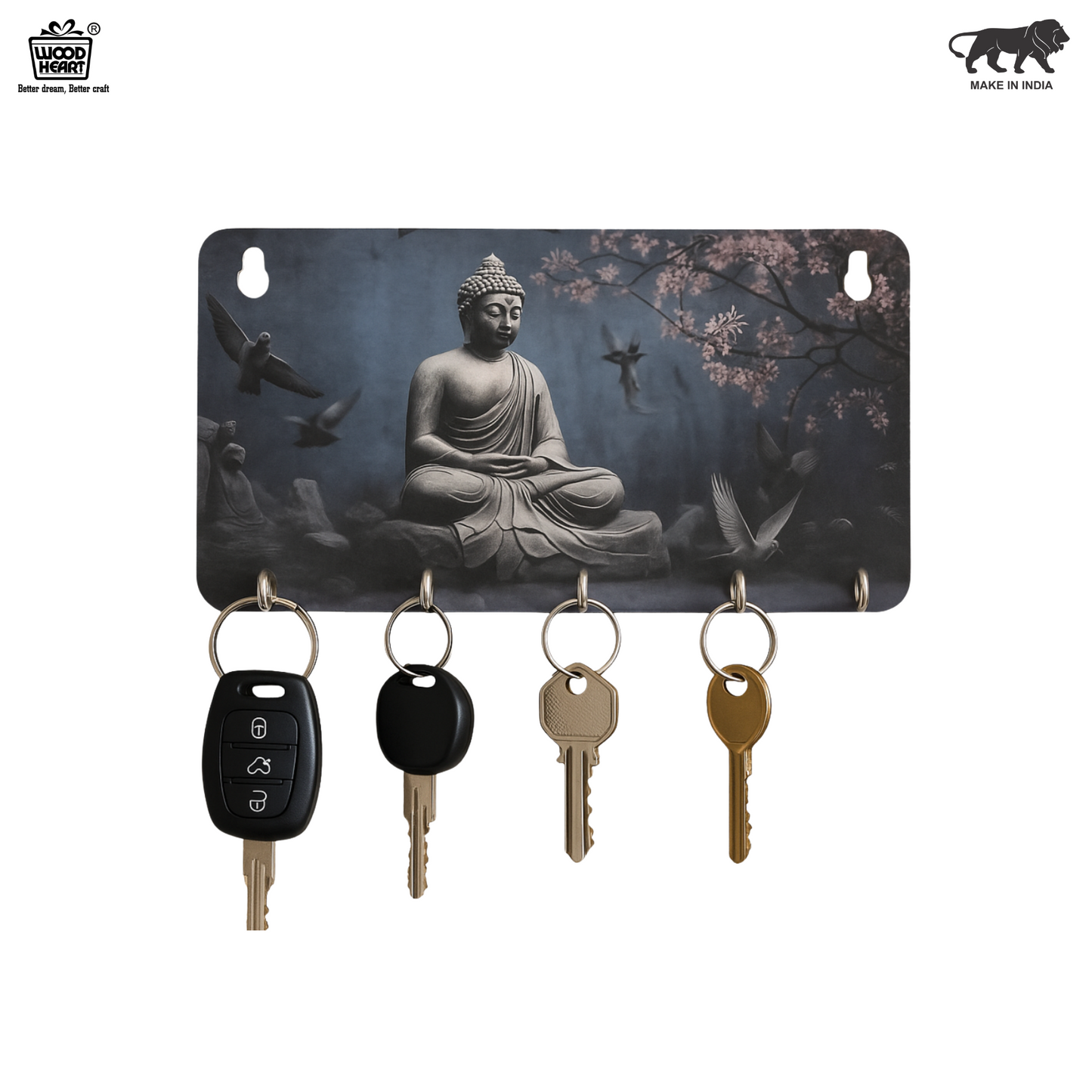 WoodHeart “Buddha Serenity” Wooden Key Holder – 5 Hook Organizer