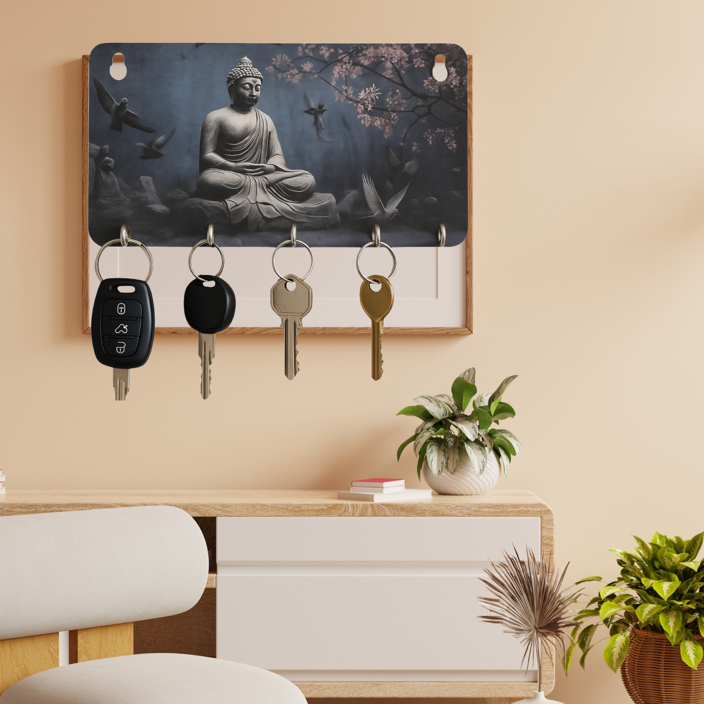 WoodHeart “Buddha Serenity” Wooden Key Holder – 5 Hook Organizer