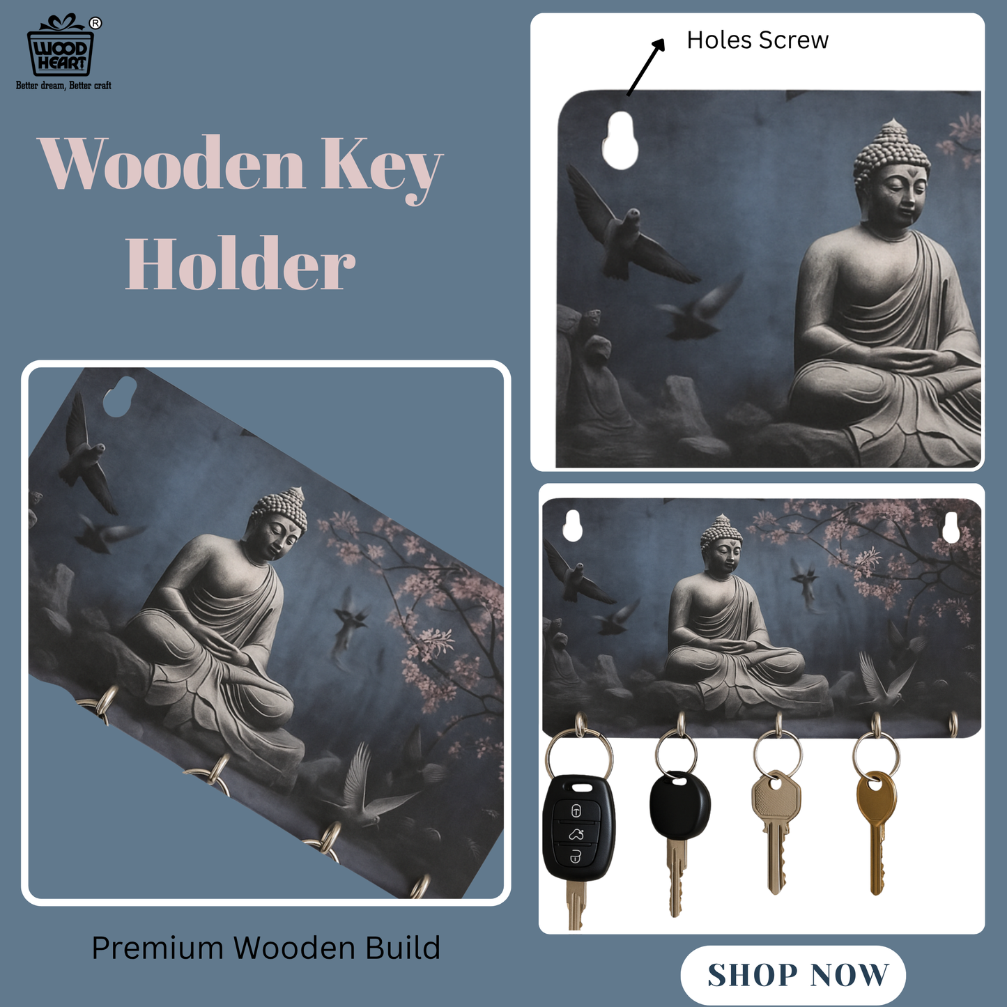 WoodHeart “Buddha Serenity” Wooden Key Holder – 5 Hook Organizer