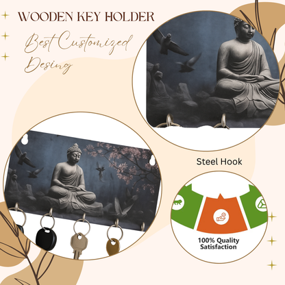 WoodHeart “Buddha Serenity” Wooden Key Holder – 5 Hook Organizer