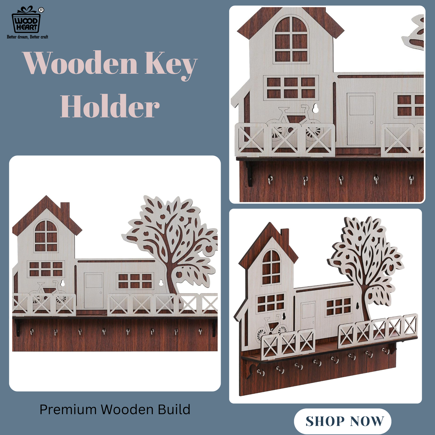 WoodHeart “Dream Home” Wooden Key Holder – 10 Hook Wall Organizer