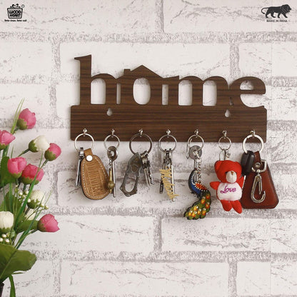 WoodHeart “Home” Cutout Wooden Key Holder – 8 Hook Wall Organizer