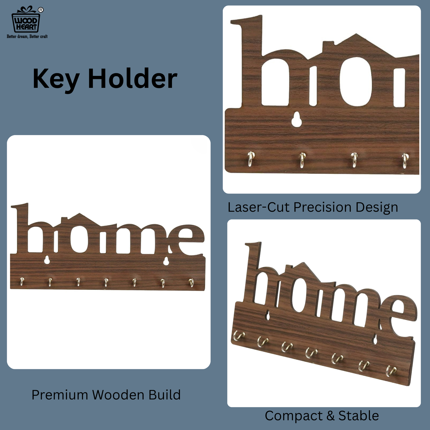 WoodHeart “Home” Cutout Wooden Key Holder – 8 Hook Wall Organizer