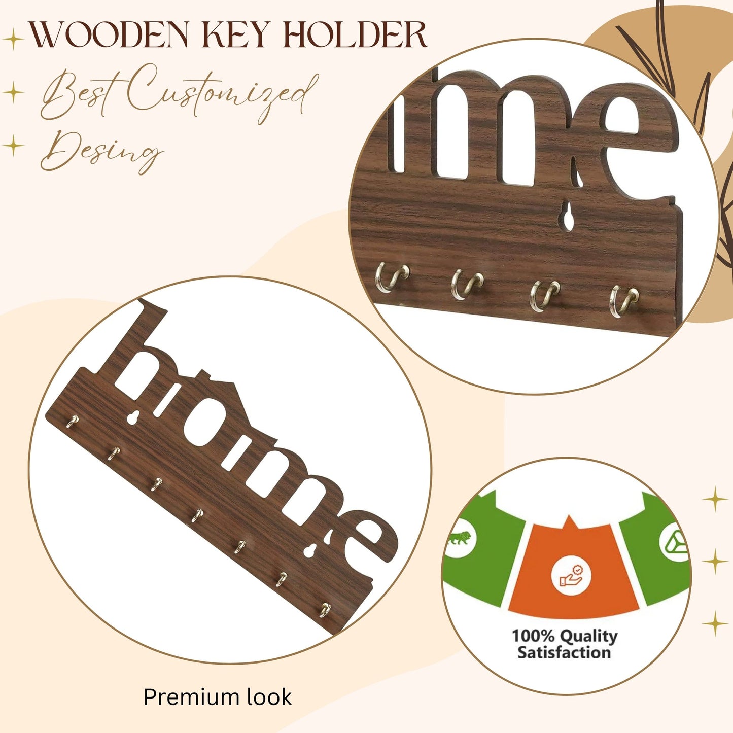 WoodHeart “Home” Cutout Wooden Key Holder – 8 Hook Wall Organizer