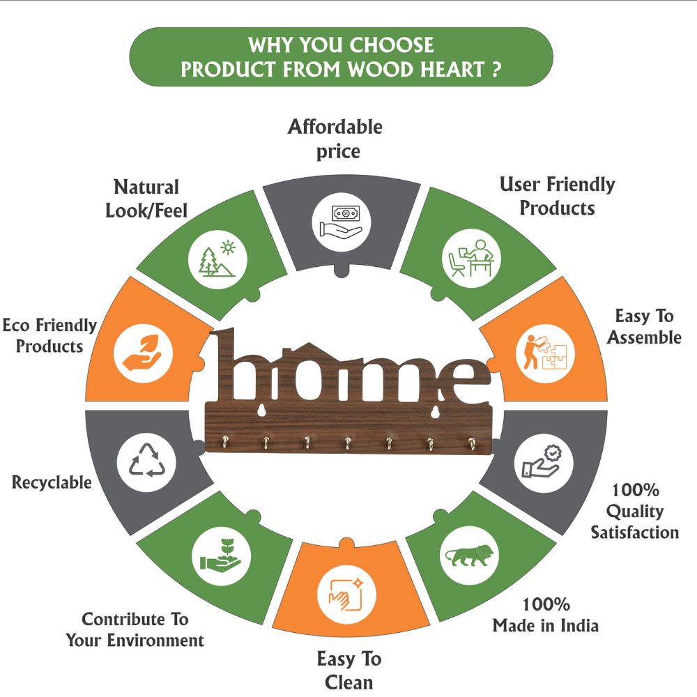 WoodHeart “Home” Cutout Wooden Key Holder – 8 Hook Wall Organizer