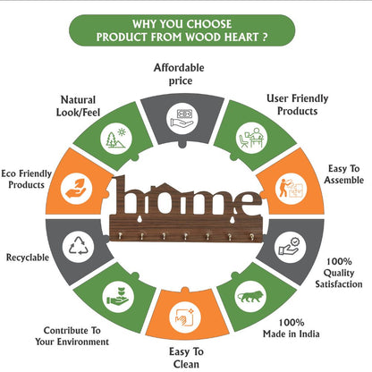 WoodHeart “Home” Cutout Wooden Key Holder – 8 Hook Wall Organizer