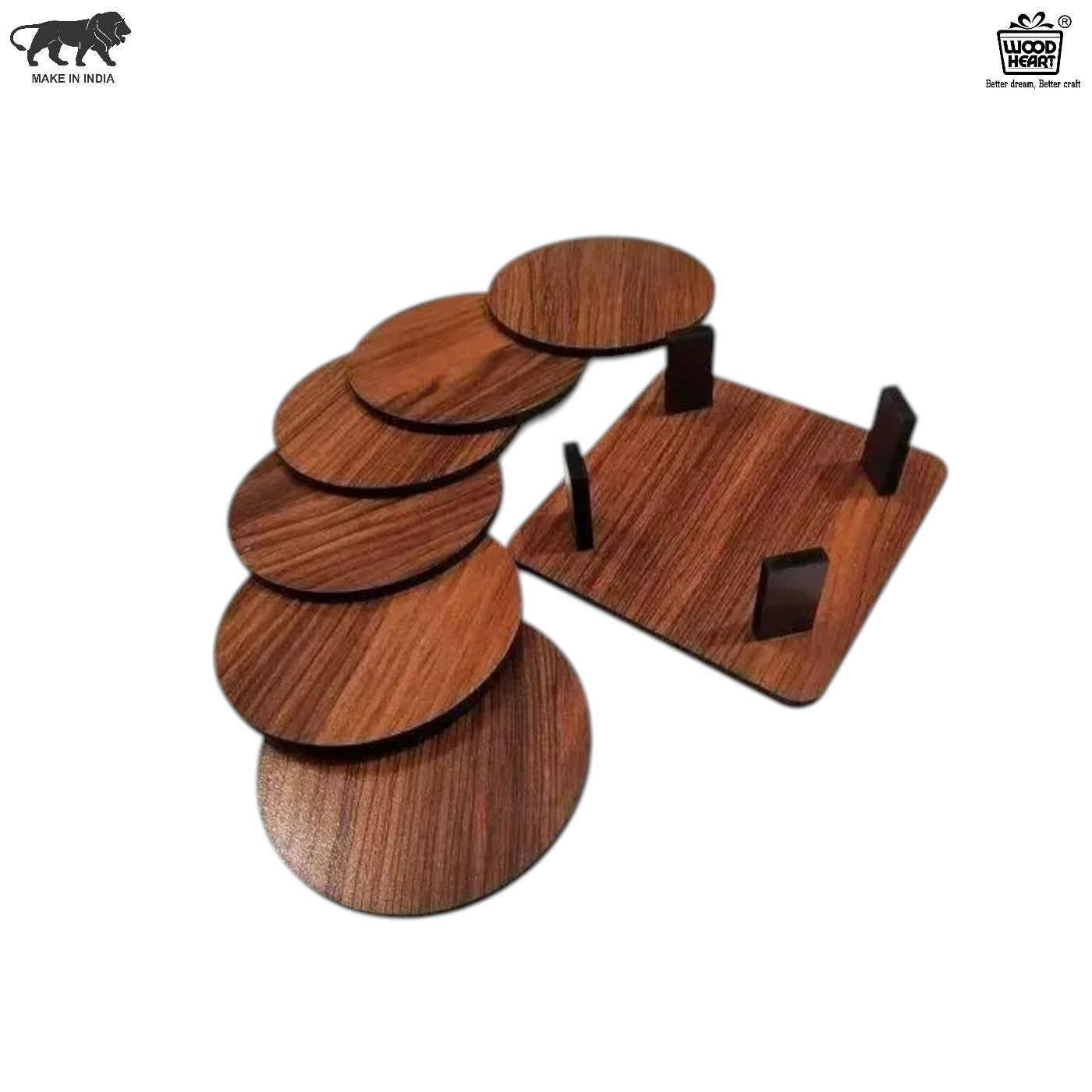 Premium Wooden Round Coaster Set with Stand – 6 Pieces