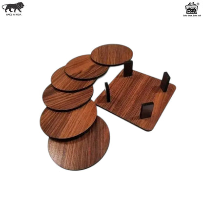 Premium Wooden Round Coaster Set with Stand – 6 Pieces
