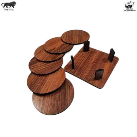 Premium Wooden Round Coaster Set with Stand – 6 Pieces
