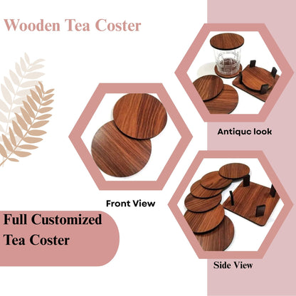Premium Wooden Round Coaster Set with Stand – 6 Pieces