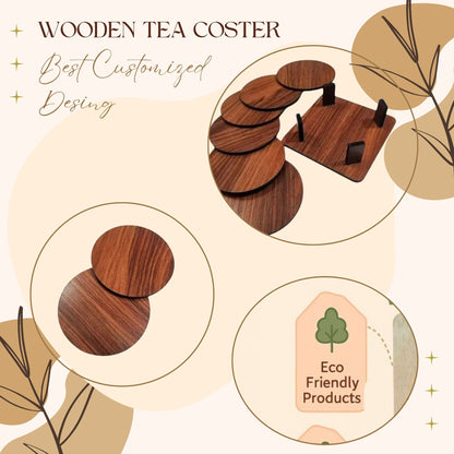 Premium Wooden Round Coaster Set with Stand – 6 Pieces