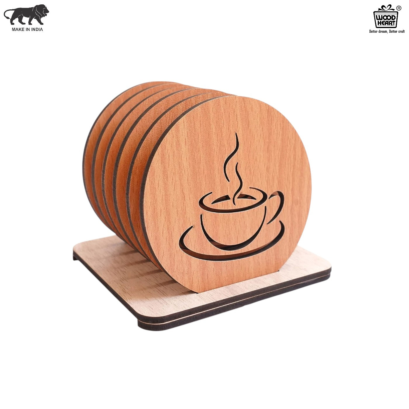 Wooden Coffee Cup Design Coaster Set with Stand – 6 Pieces