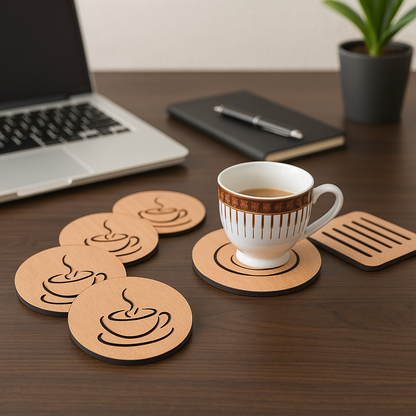 Wooden Coffee Cup Design Coaster Set with Stand – 6 Pieces