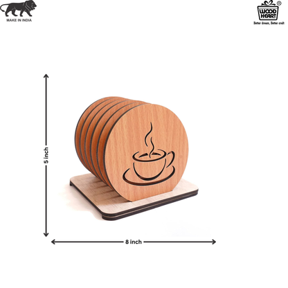 Wooden Coffee Cup Design Coaster Set with Stand – 6 Pieces
