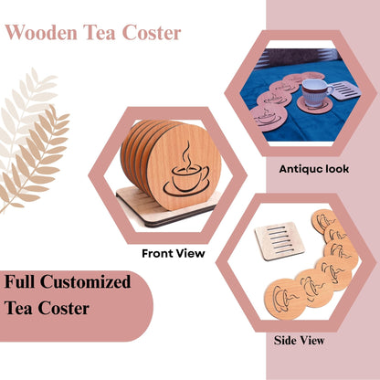 Wooden Coffee Cup Design Coaster Set with Stand – 6 Pieces