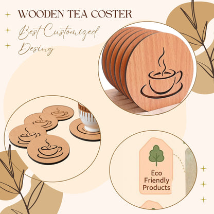 Wooden Coffee Cup Design Coaster Set with Stand – 6 Pieces