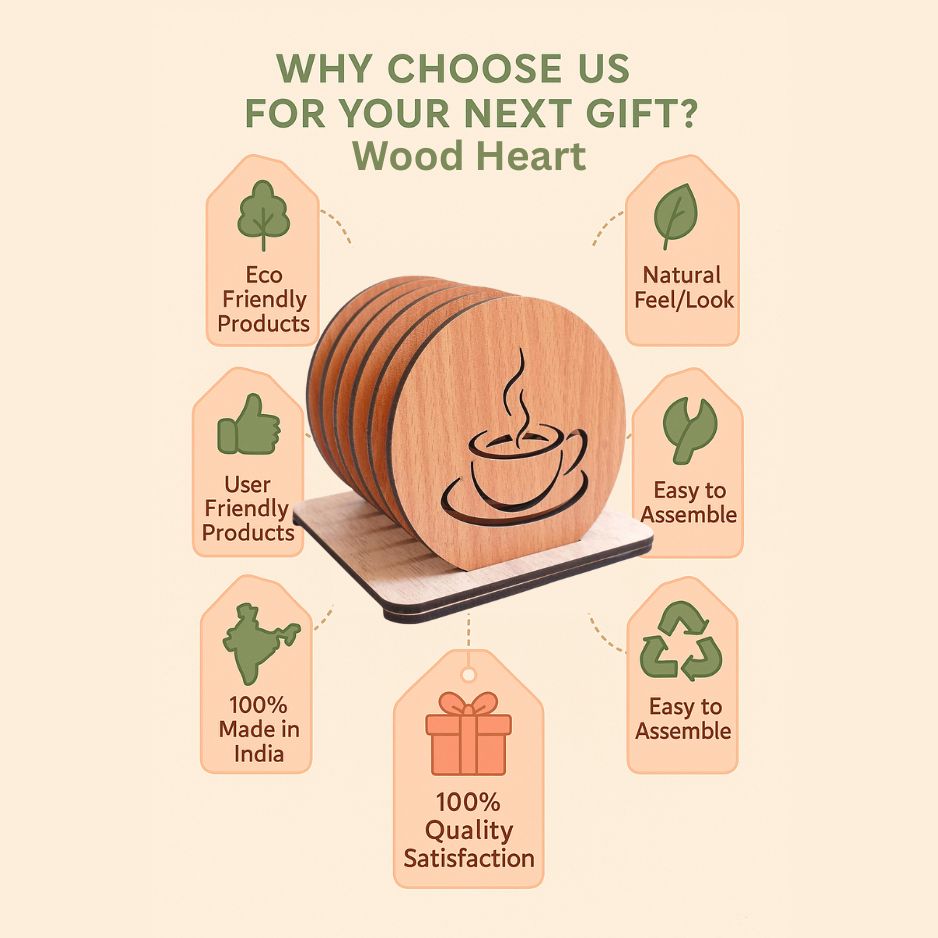 Wooden Coffee Cup Design Coaster Set with Stand – 6 Pieces