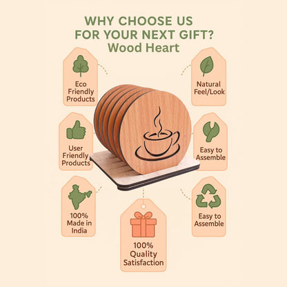 Wooden Coffee Cup Design Coaster Set with Stand – 6 Pieces