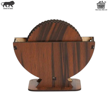 Wooden Dark Finish Round Coaster Set with Elegant Holder – 6 Pieces
