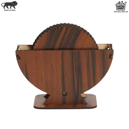 Wooden Dark Finish Round Coaster Set with Elegant Holder – 6 Pieces