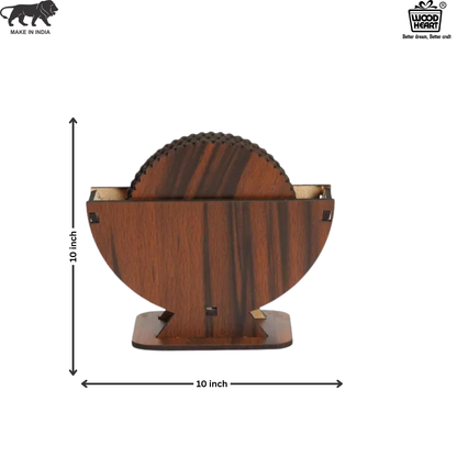 Wooden Dark Finish Round Coaster Set with Elegant Holder – 6 Pieces