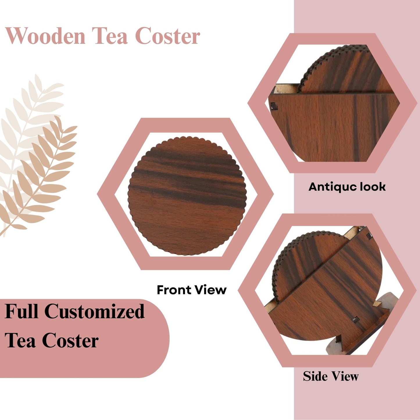 Wooden Dark Finish Round Coaster Set with Elegant Holder – 6 Pieces