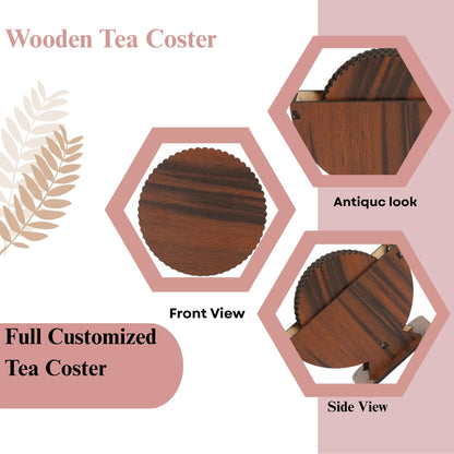 Wooden Dark Finish Round Coaster Set with Elegant Holder – 6 Pieces