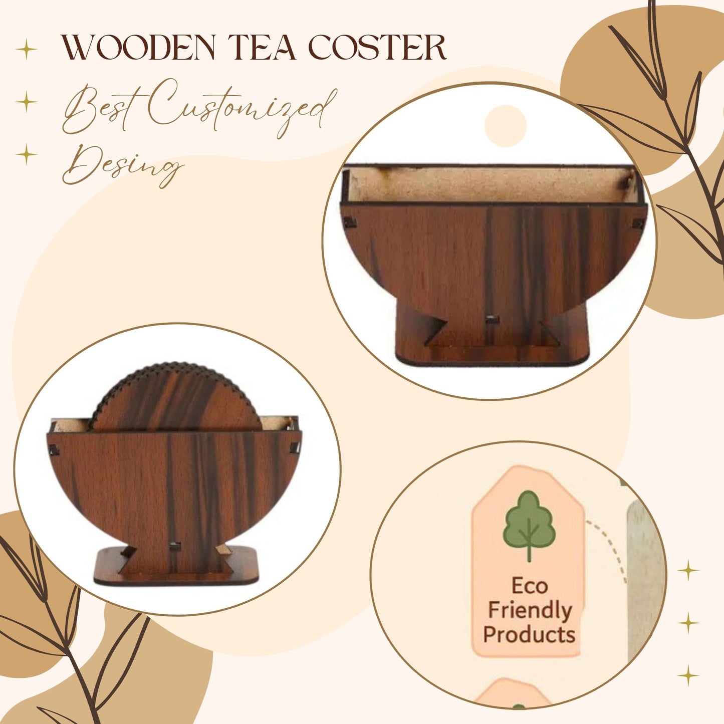 Wooden Dark Finish Round Coaster Set with Elegant Holder – 6 Pieces