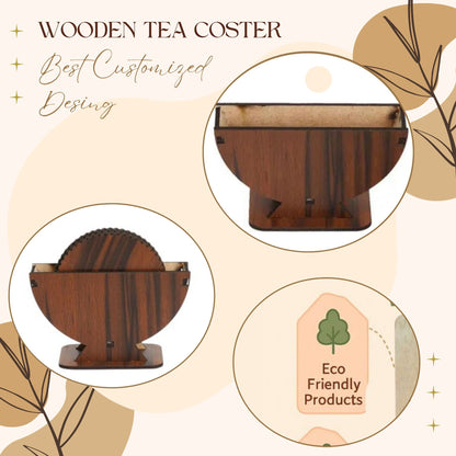 Wooden Dark Finish Round Coaster Set with Elegant Holder – 6 Pieces