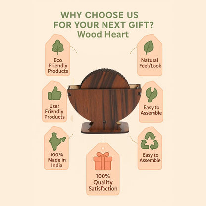 Wooden Dark Finish Round Coaster Set with Elegant Holder – 6 Pieces