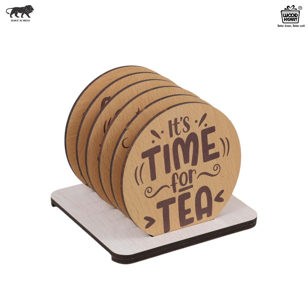 Wooden Round Coaster Set – It’s Time for Tea Design (Set of 4 with Holder)