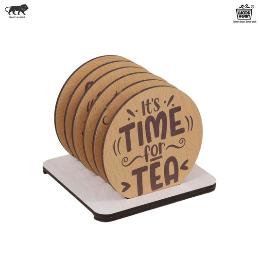 Wooden Round Coaster Set – It’s Time for Tea Design (Set of 4 with Holder)