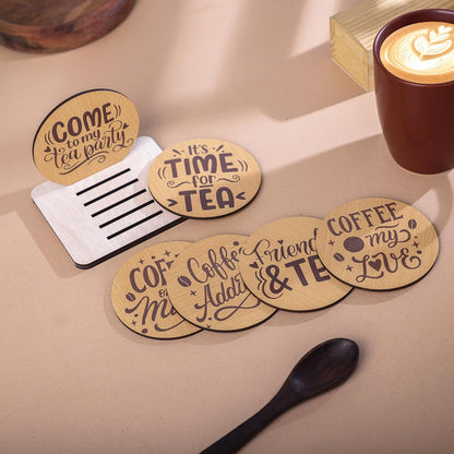Wooden Round Coaster Set – It’s Time for Tea Design (Set of 4 with Holder)