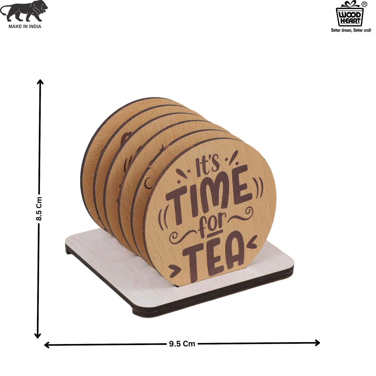 Wooden Round Coaster Set – It’s Time for Tea Design (Set of 4 with Holder)