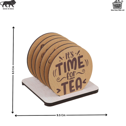 Wooden Round Coaster Set – It’s Time for Tea Design (Set of 4 with Holder)