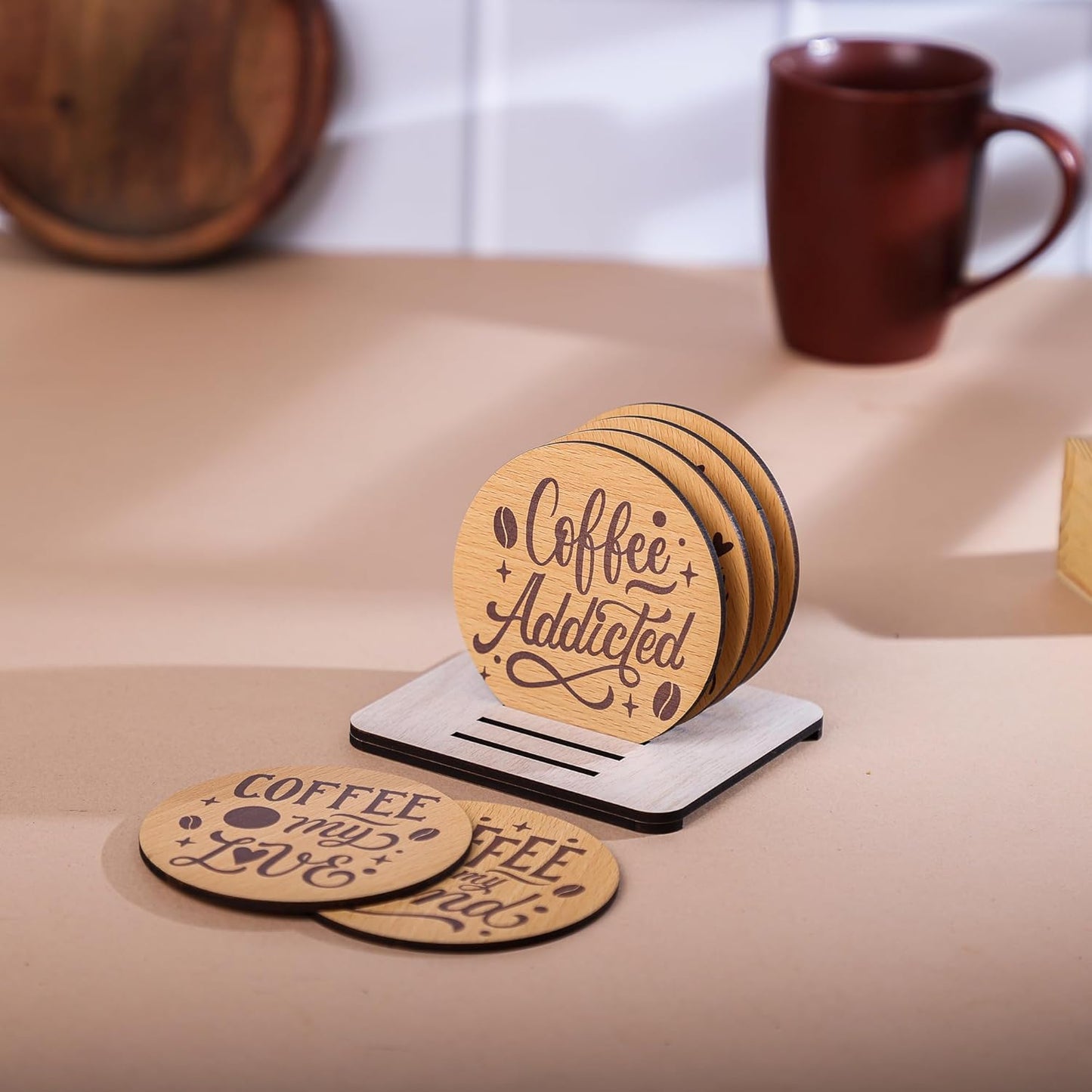 Wooden Round Coaster Set – It’s Time for Tea Design (Set of 4 with Holder)