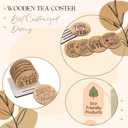 Wooden Round Coaster Set – It’s Time for Tea Design (Set of 4 with Holder)