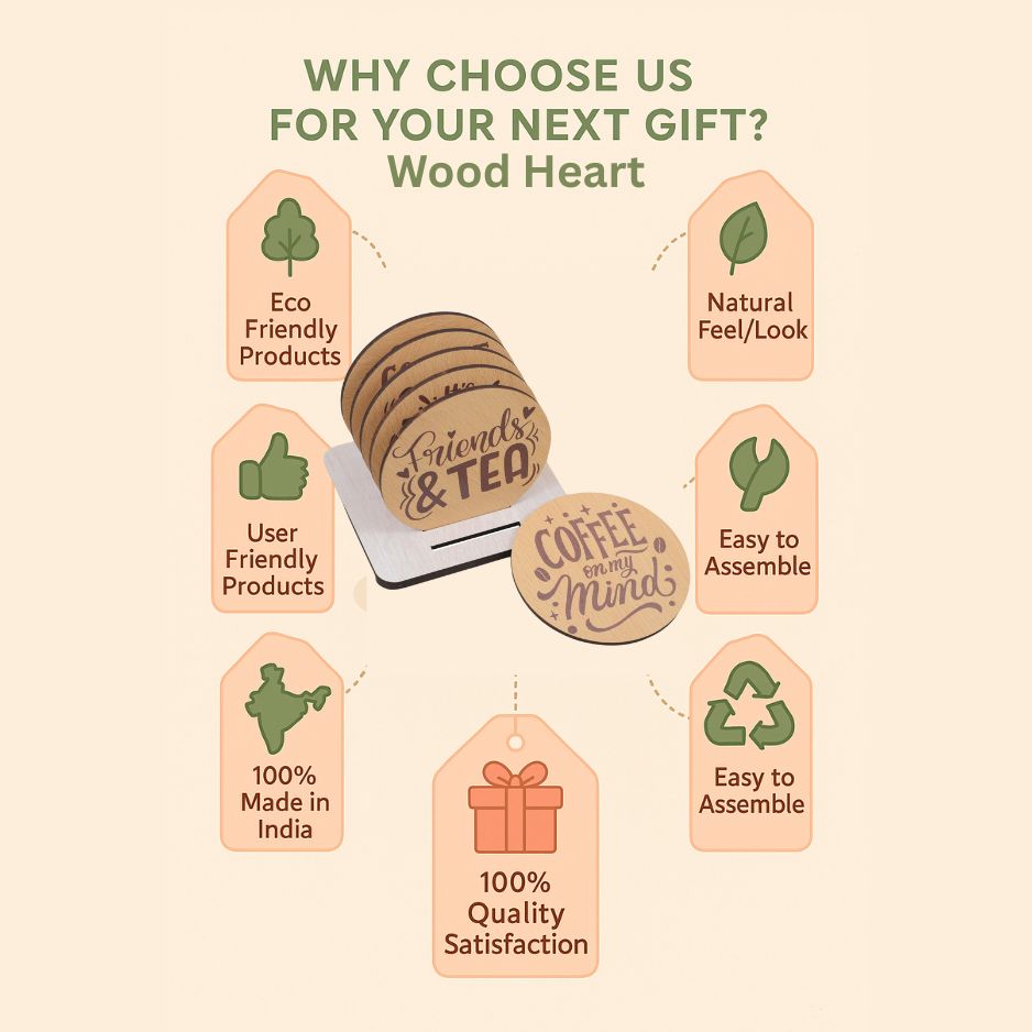 Wooden Round Coaster Set – It’s Time for Tea Design (Set of 4 with Holder)