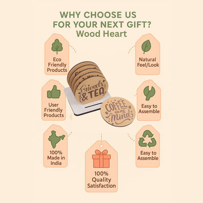 Wooden Round Coaster Set – It’s Time for Tea Design (Set of 4 with Holder)