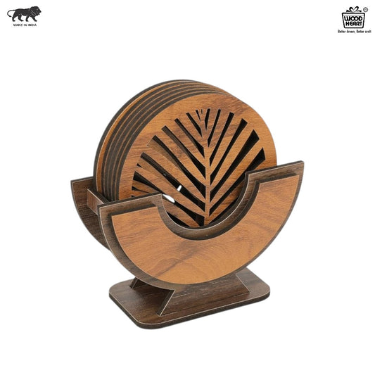 Wooden Leaf Design Coaster Set with Holder – Round Shape