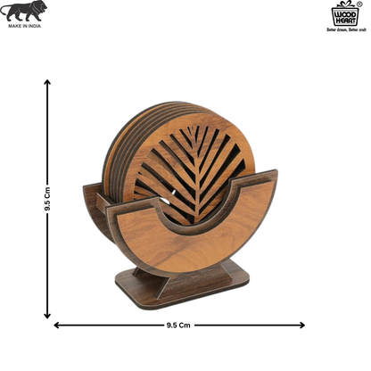 Wooden Leaf Design Coaster Set with Holder – Round Shape