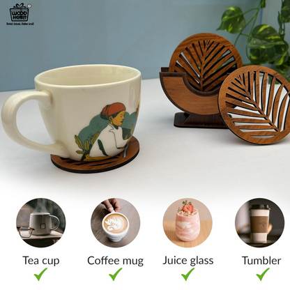 Wooden Leaf Design Coaster Set with Holder – Round Shape