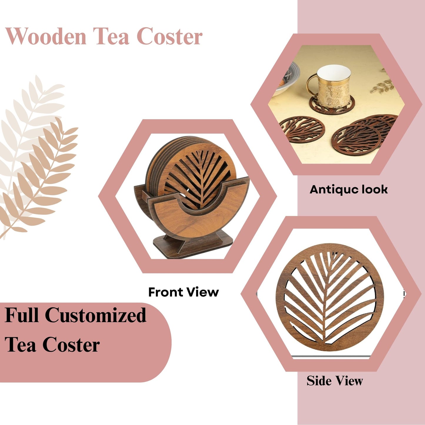 Wooden Leaf Design Coaster Set with Holder – Round Shape